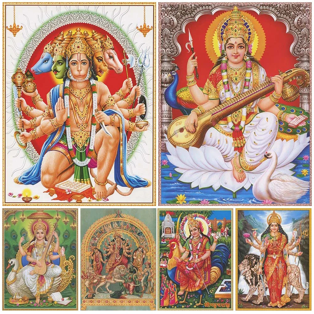 Lakshmi,Saraswati,Durga Religious Gods Wall Art Canvas Painting Home Decor Vintage Hindu Devotional Poster Prints