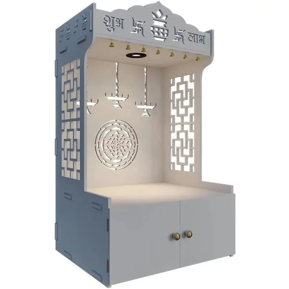 Trading World Wooden Temple Mandir Offers Spacious Built-in Shelf Focusing Lights for Families