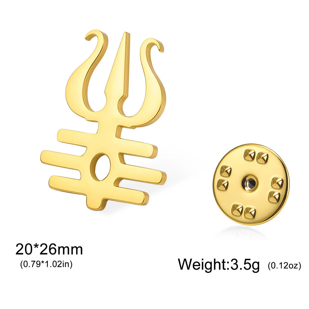 Dawapara Lord Shiva Trident Brooch Mantra Buddhism Hindu God Blessing Symbol Lapel Pins Stainless Steel Jewelry