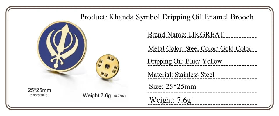 LIKGREAT Sikh Khanda Brooch Religious Spiritual Enamel Pin Badge Stainless Steel Jewelry Amulet Gift for Men Women Accessory
