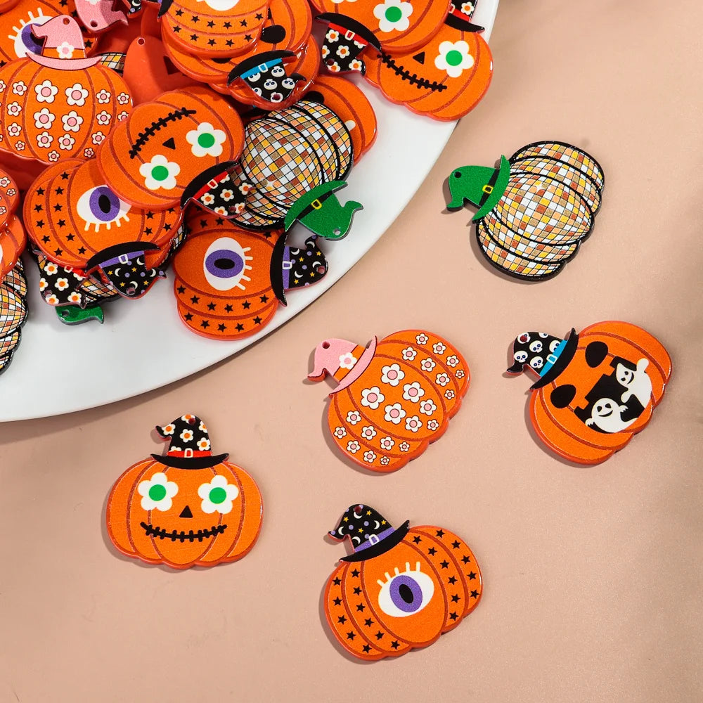 10pcs/lot Halloween Cute Charms Creative Ghost Pumpkin Acrylic Print Pendant for DIY Jewelry Making Necklace Earring Accessories