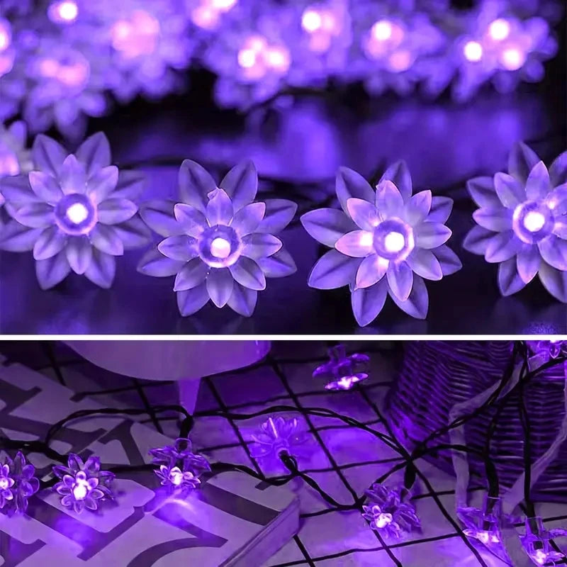 5-12m Led Solar String Lotus Sakura Flower Cherry Flower Lights LED Outdoor Waterproof Festival Garden Decorative Lights