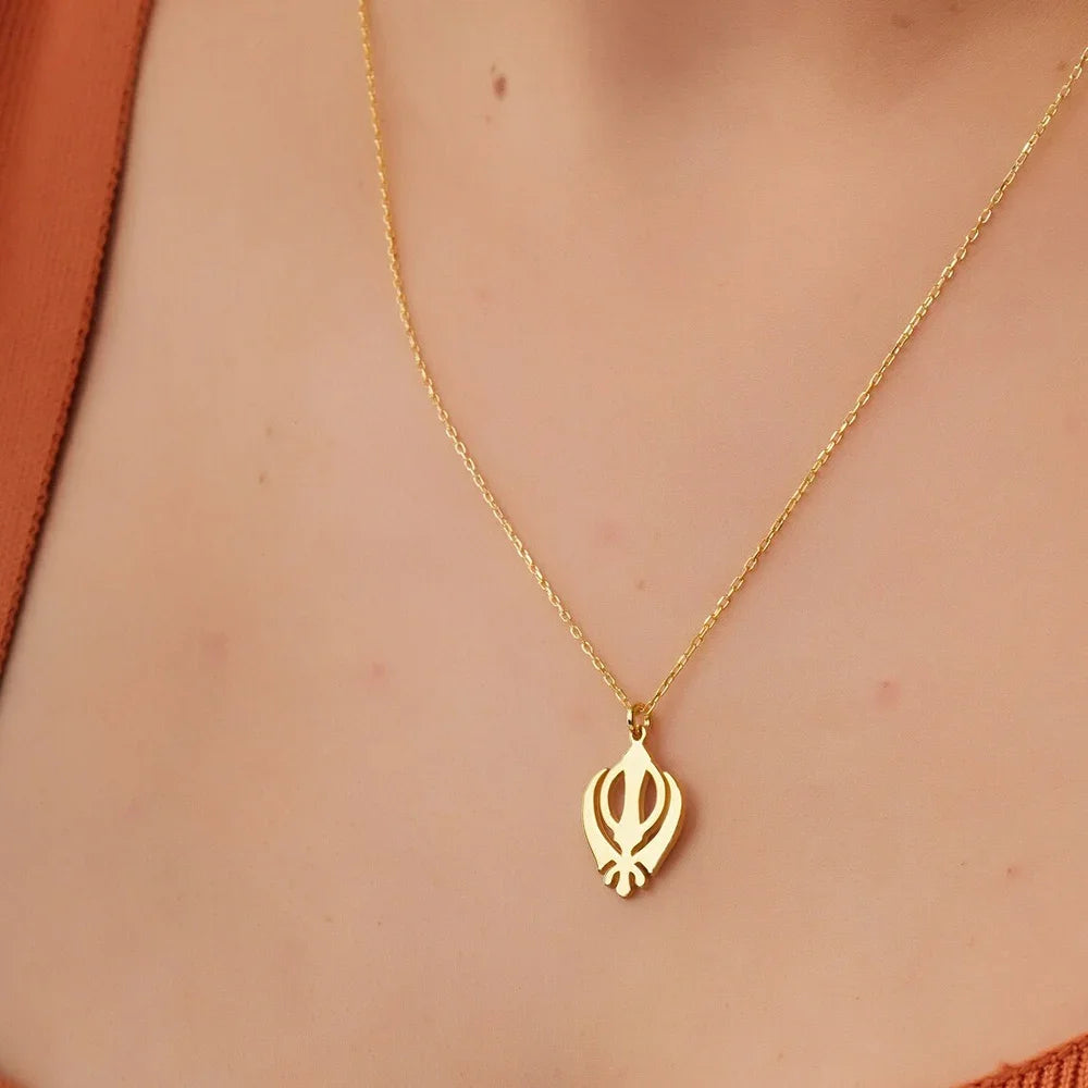 Classic Sikhism Symbol Necklaces Stainless Steel Indian Religious Amulet Khanda Faith Gift Sikh Khanda Pendant Jewelry for Women