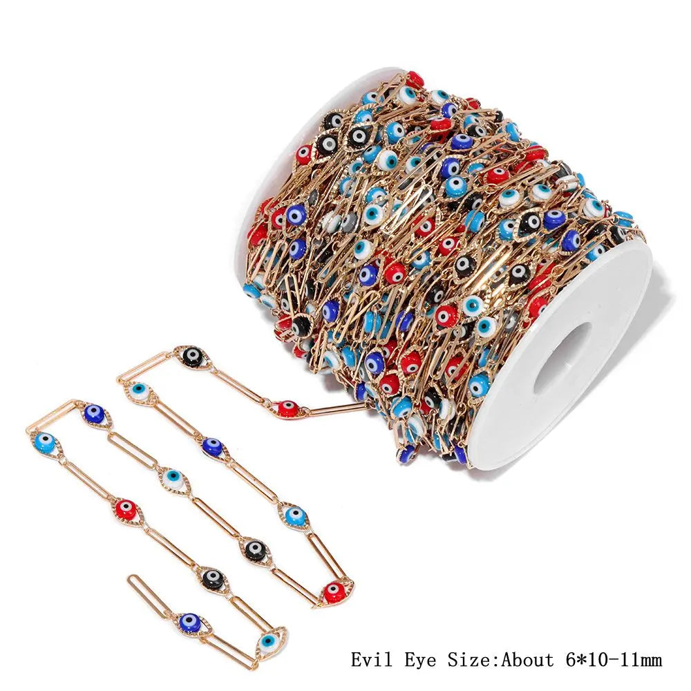 Colorful Evil Eye Beads Chains Stainless Steel Link Pearl Beaded Chains Turkey Eye Link Chain for Necklace Making Jewelry DIY
