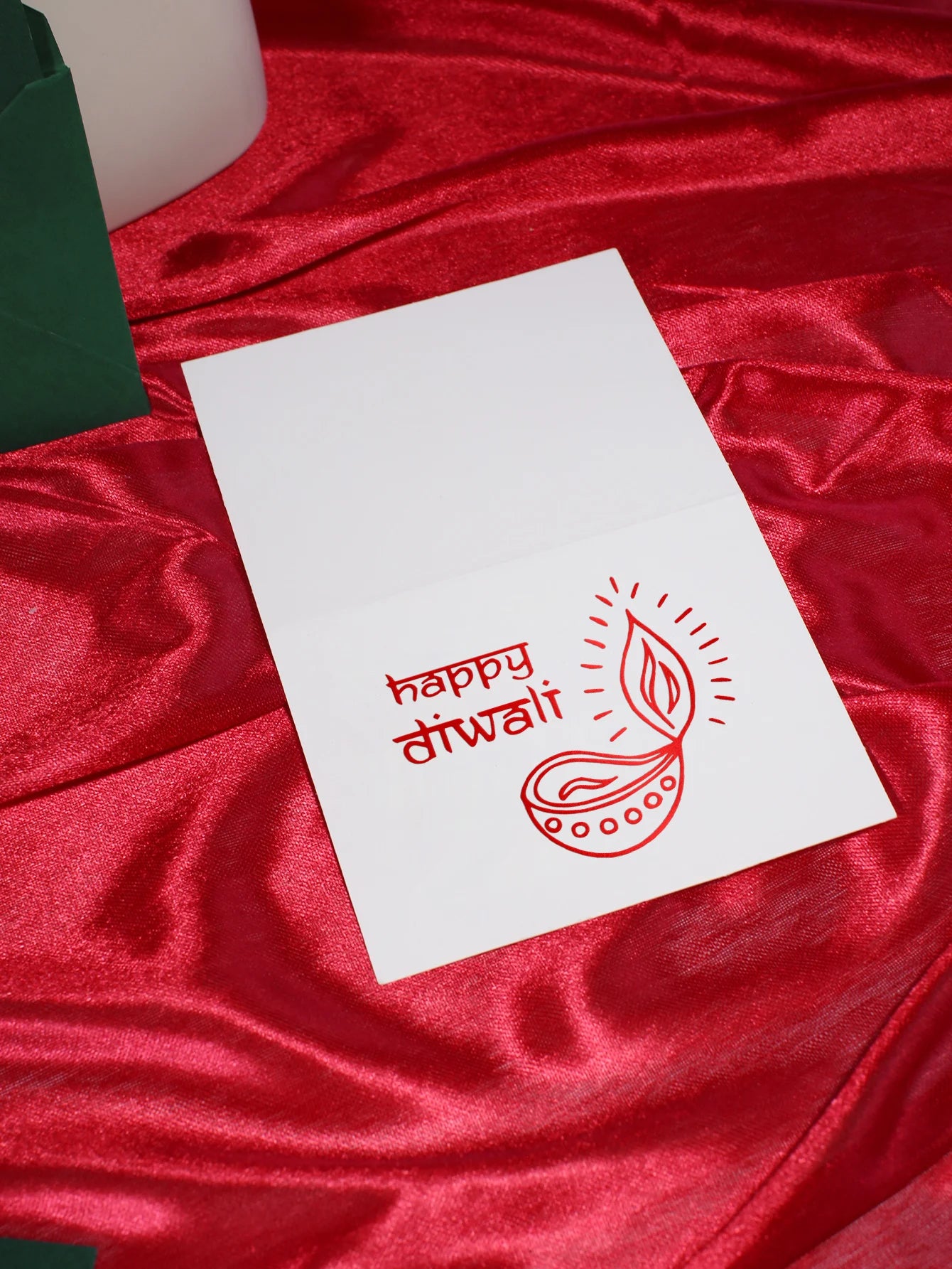 Diwali Greeting Cards and Envelopes Set, "Happy Diwali" with Diya Print, Assorted Colors (Green/Red/White), Festive Diwali Stati