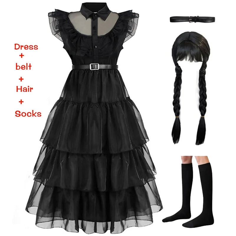 KLFLGD Black Lace Halloween Dress Up Girl's Birthday Party Performance Dress New Girl Role Playing Dress 4-12 Years Old