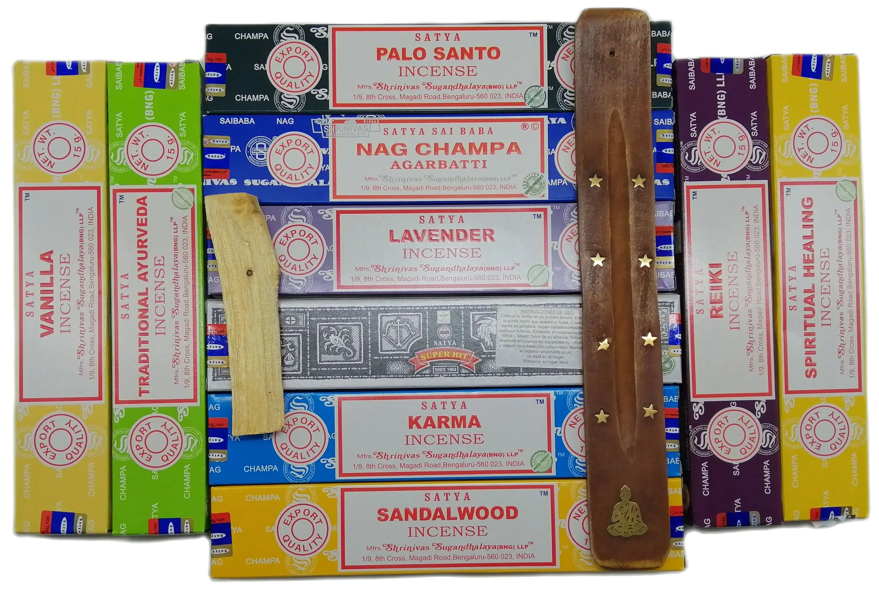 Satya Assorted Incense Various Fragrances + Palo Santo and Meditation Gift Burner Tablet + Nag Champa+ Agarbatti Goloka Handmade Natural Therapies + Vanilla + Sandalwood Are Served 10 Different Boxes