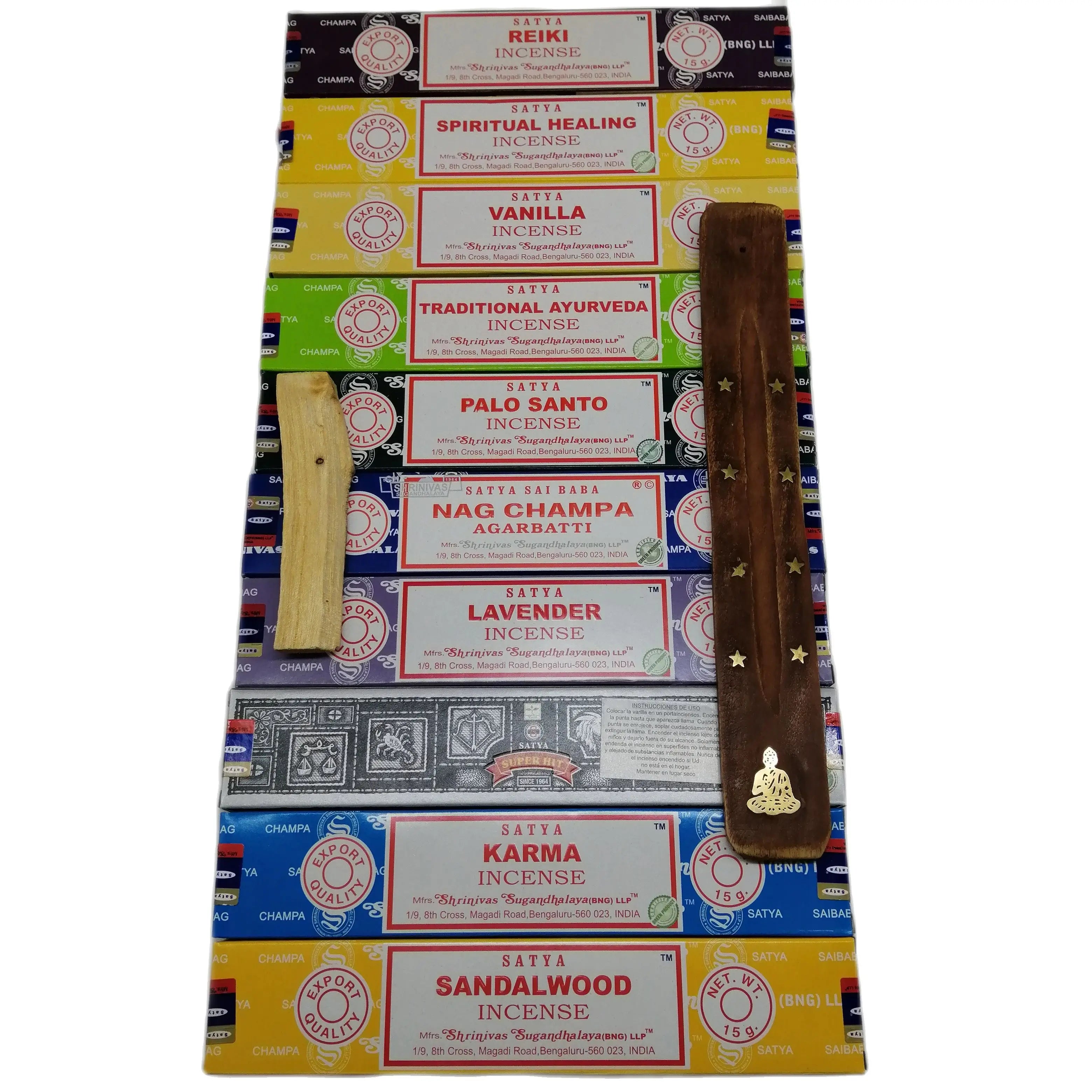 Satya Assorted Incense Various Fragrances + Palo Santo and Meditation Gift Burner Tablet + Nag Champa+ Agarbatti Goloka Handmade Natural Therapies + Vanilla + Sandalwood Are Served 10 Different Boxes