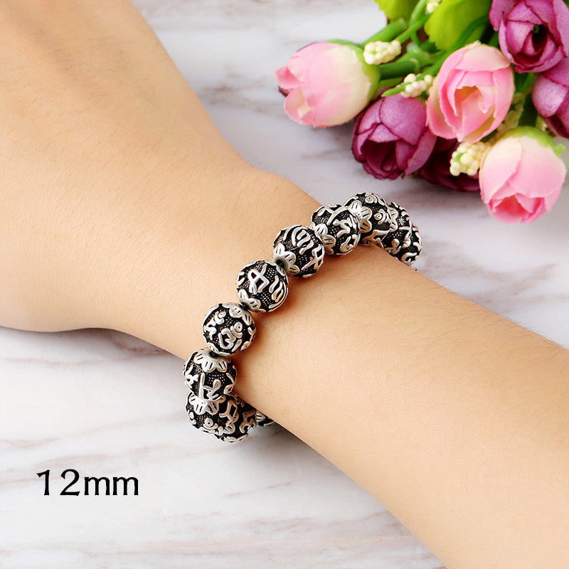 Retro Cold Wind Six True Words Thai Silver Buddhist Beads Men And Women Bracelet