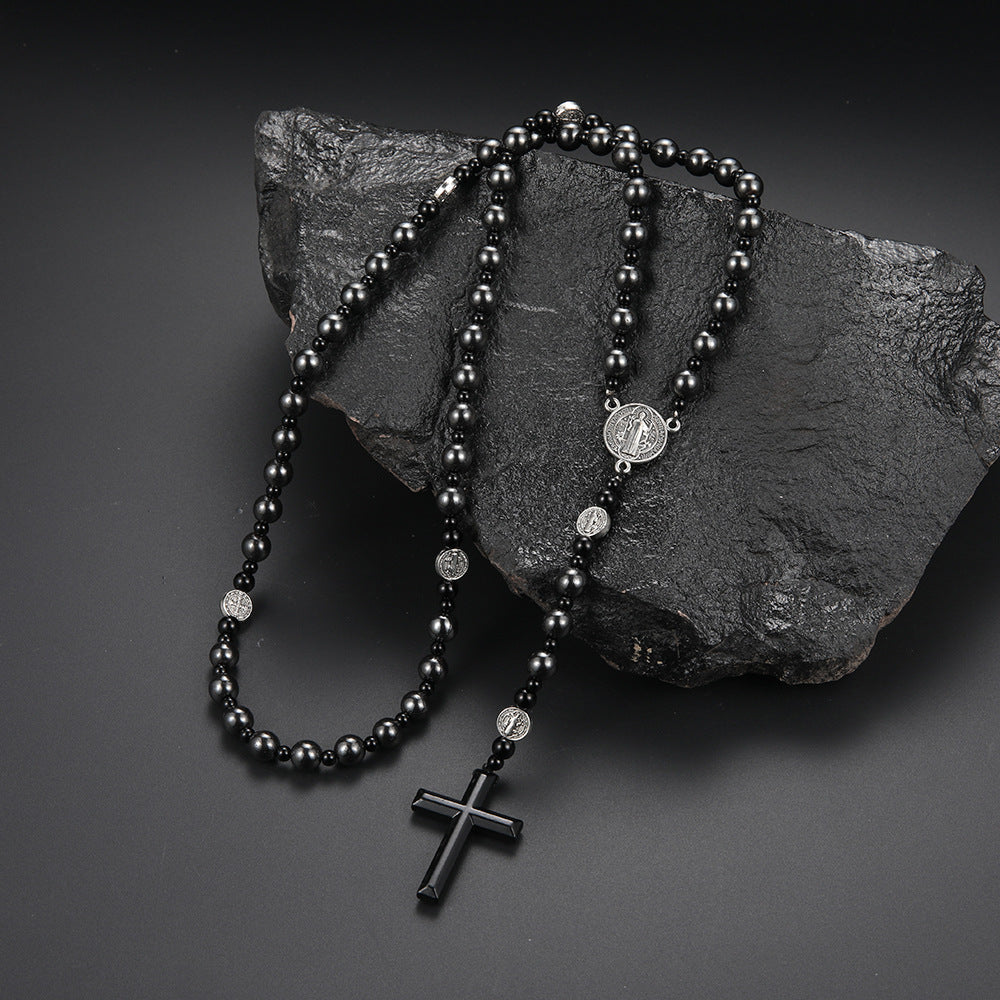 Volcanic Rock Haematite Cross Necklace