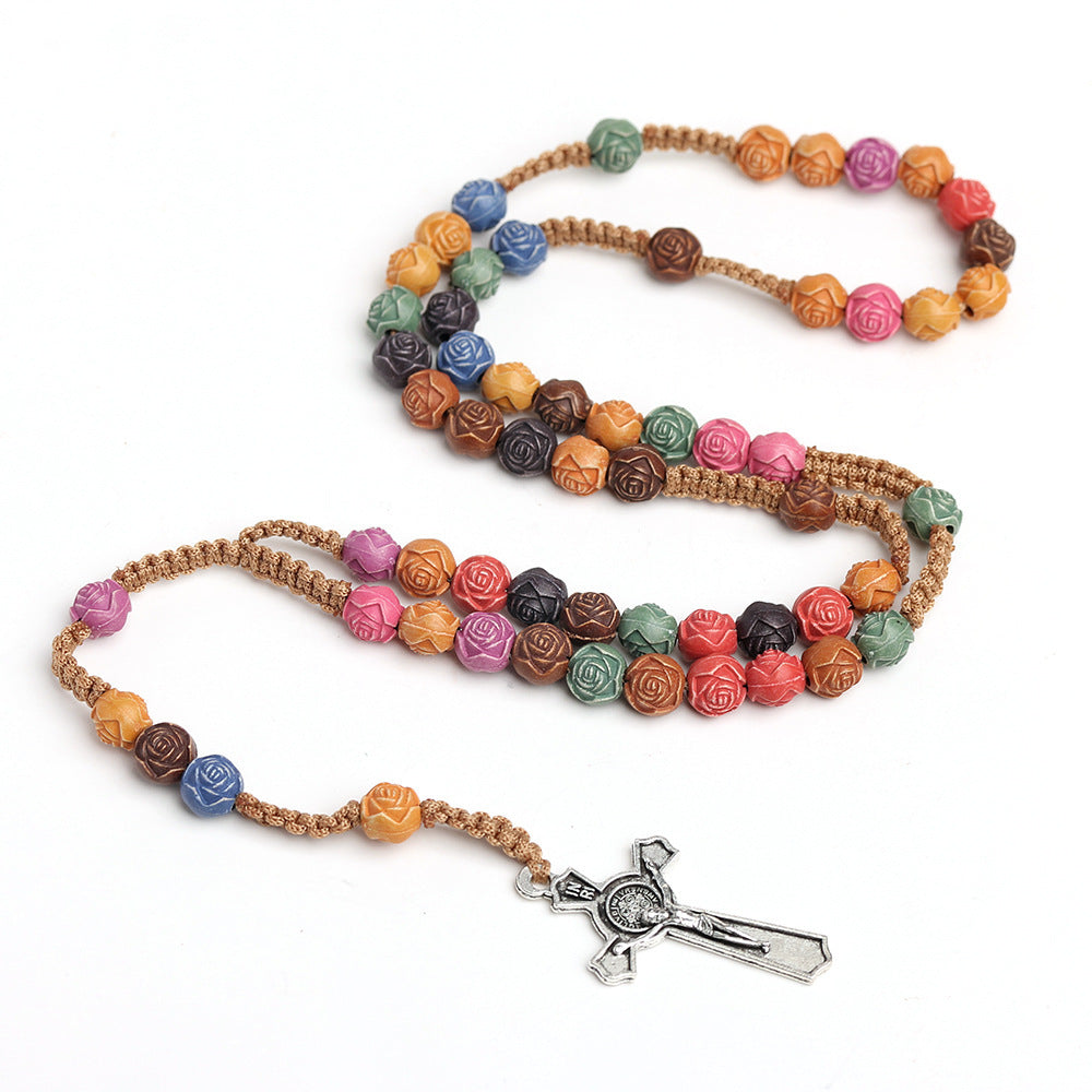 God Rose Plastic Beads Prayer Color Cross Necklace