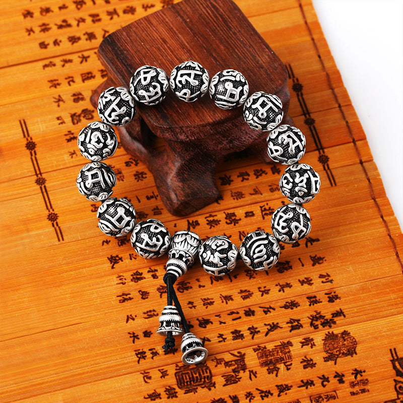Retro Cold Wind Six True Words Thai Silver Buddhist Beads Men And Women Bracelet