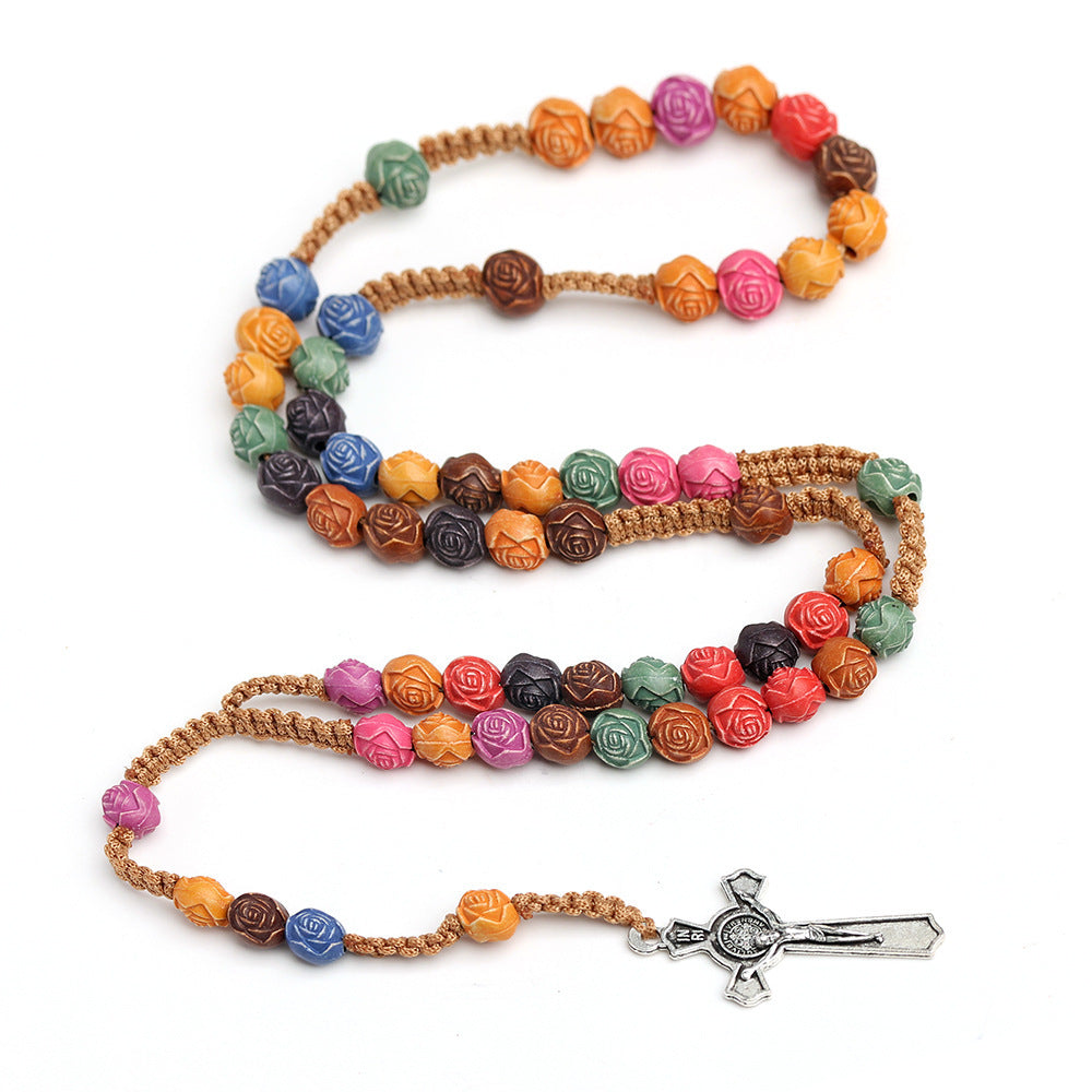 God Rose Plastic Beads Prayer Color Cross Necklace